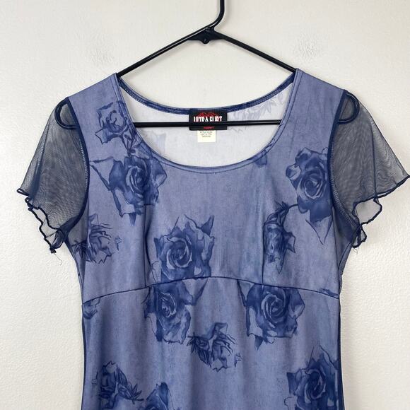 Ultra Flirt Y2K Vintage Empire Waist Mesh Floral Dress Lettuce Hem Navy Medium - Picture 2 of 8